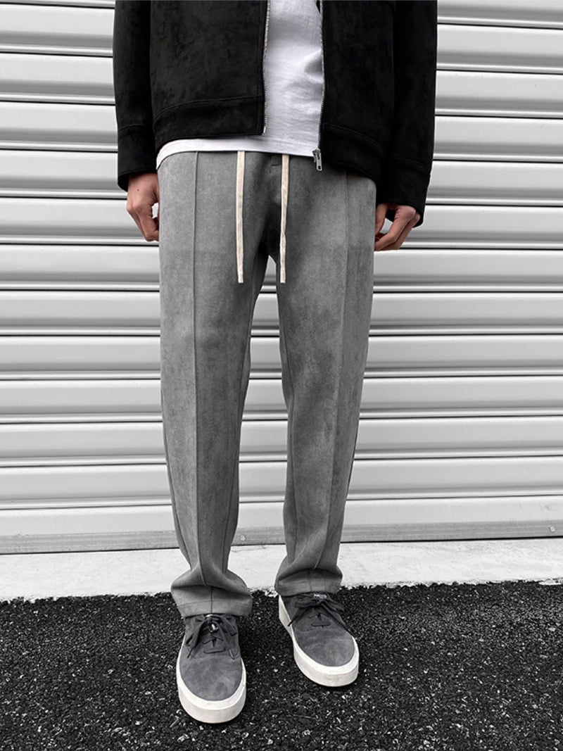 GREY SUEDE STRAIGHT LOOSE JOGGER PANTS