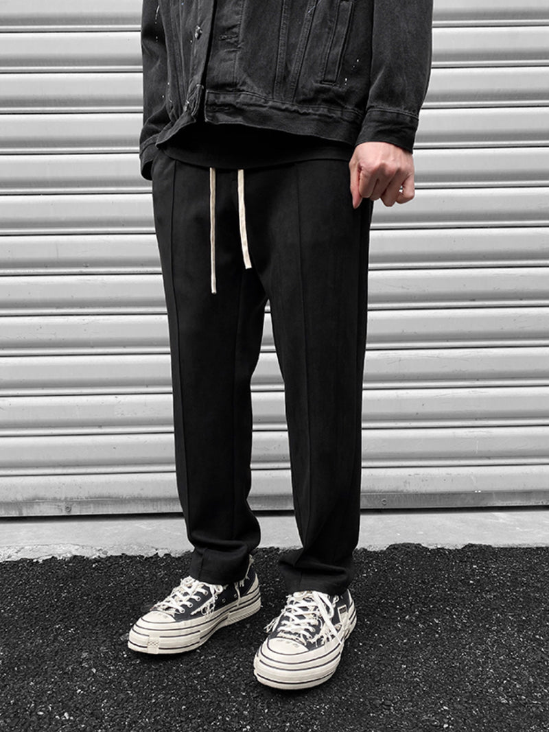 BLACK SUEDE STRAIGHT LOOSE JOGGER PANTS