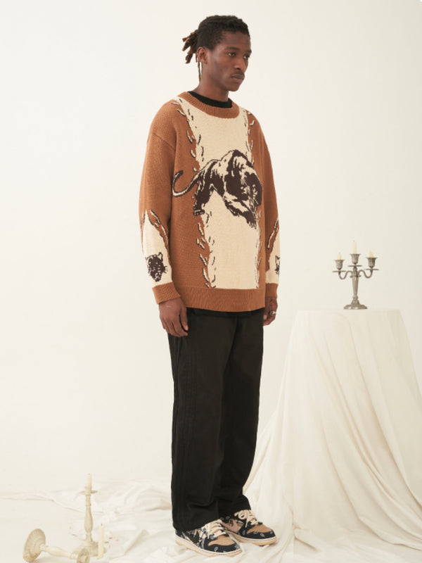 Panther jacquard Crew Neck Knit Sweater