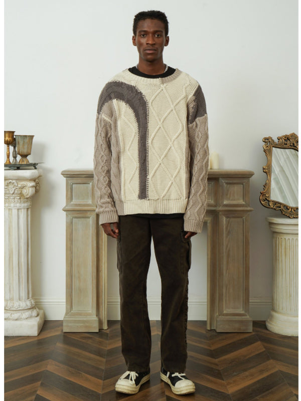 Beige-grey Stitching Loose Sweater