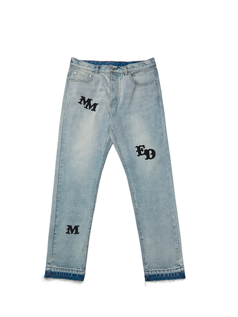 Blue Washed Straight-leg frayed Jeans