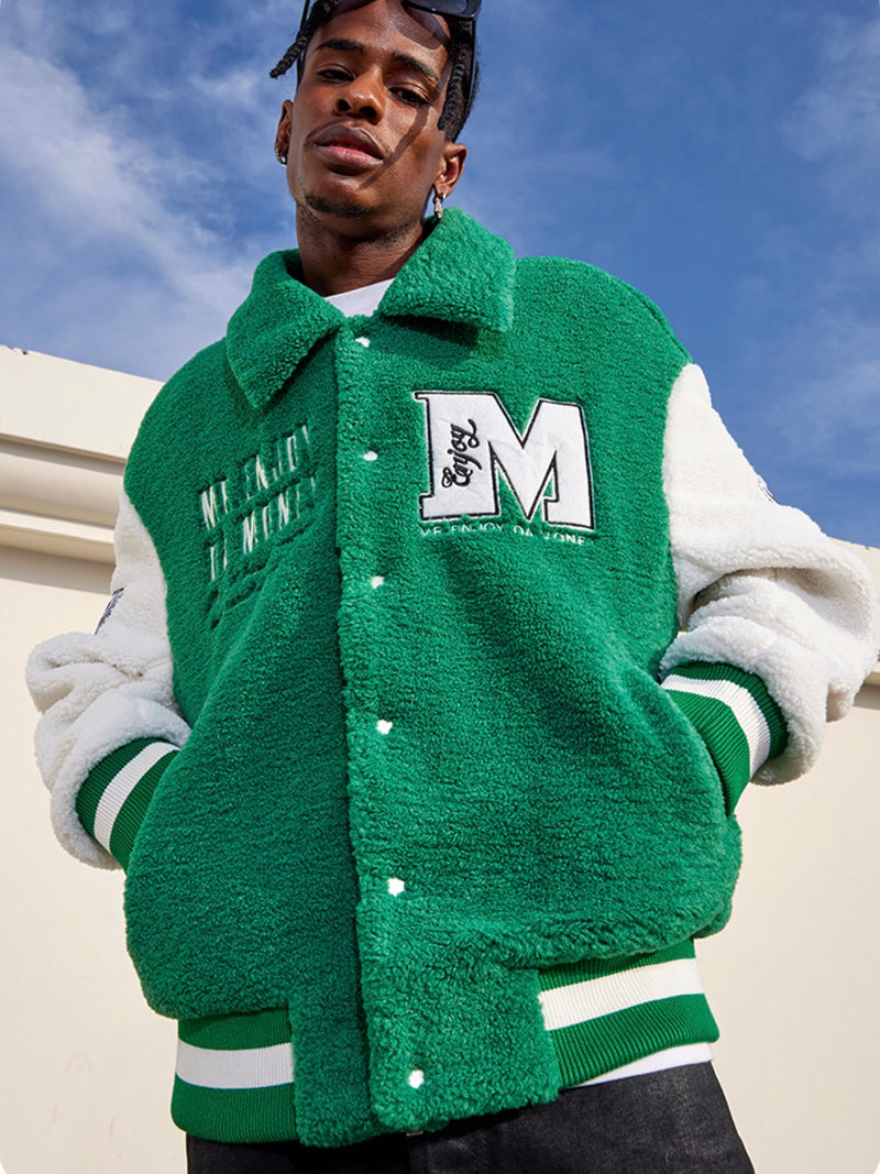 Green Patch-embellished varsity wool bomber jacket
