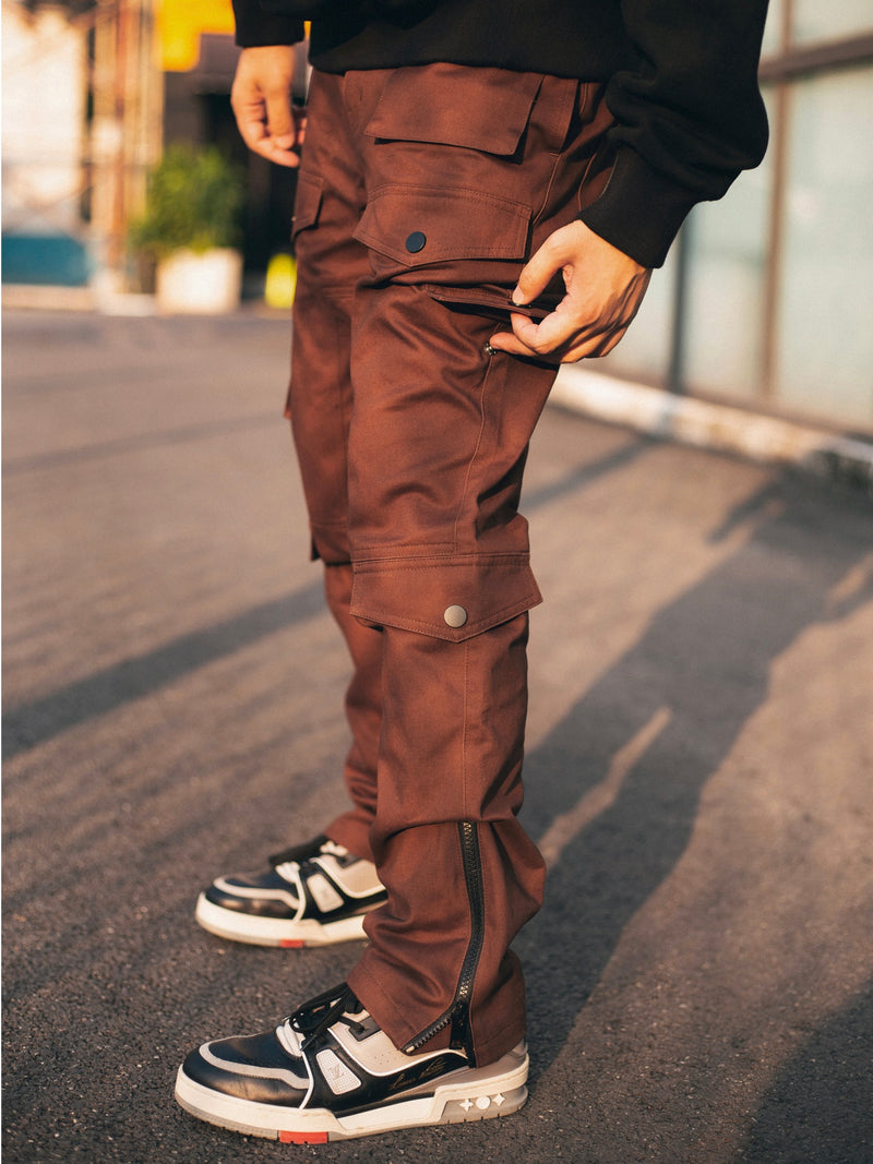 Dark-brown Zip Straight-leg Pants
